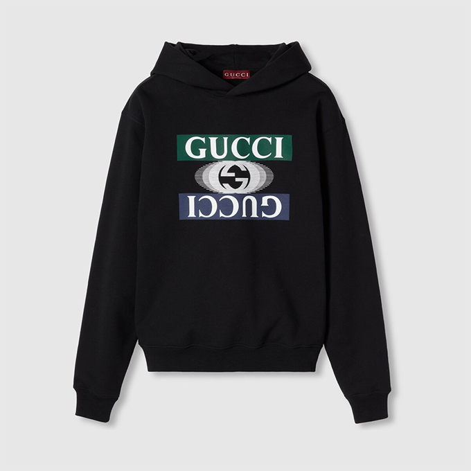 gucci shadow‑effect layered logo cotton fleece hoodie